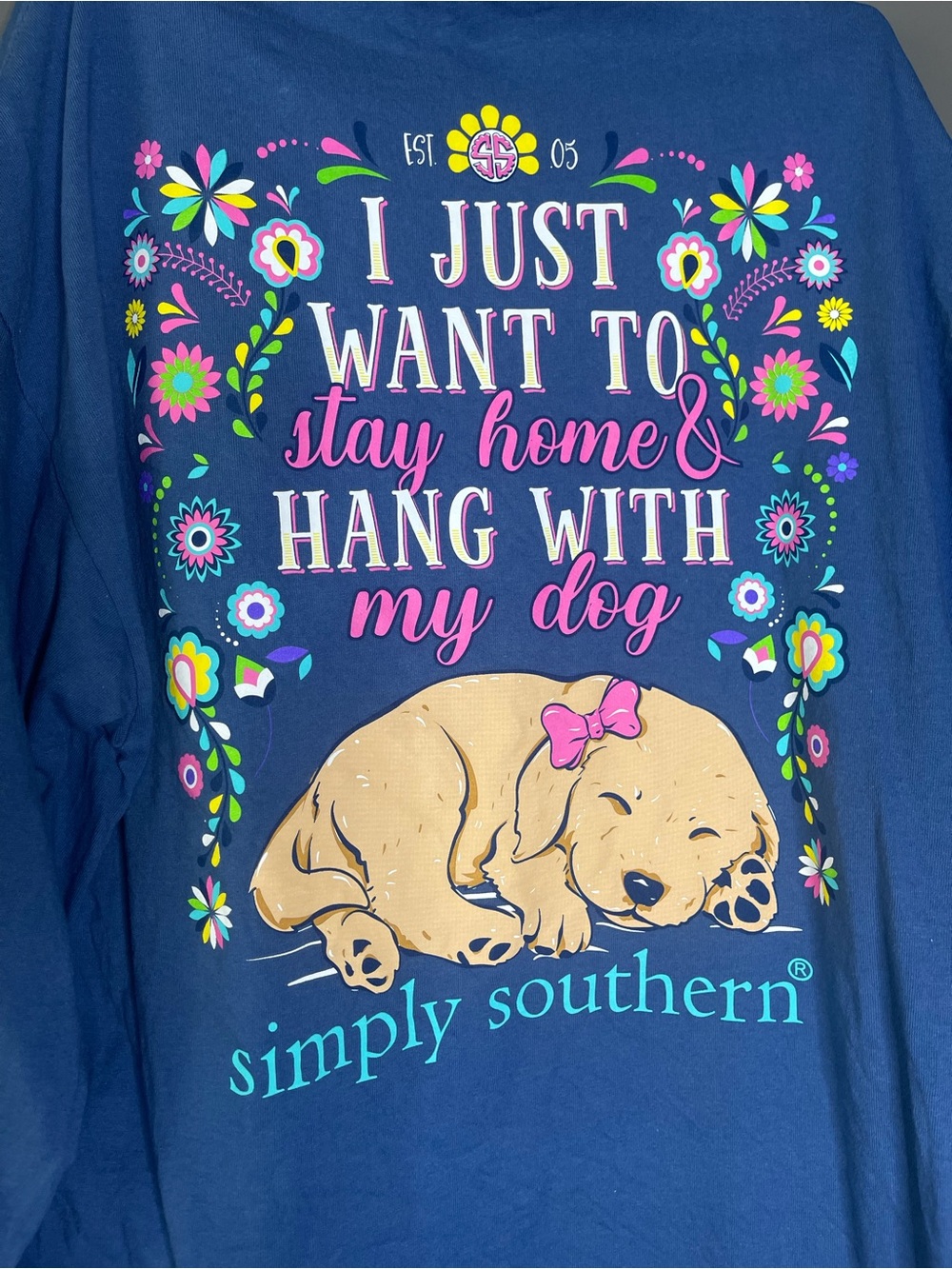 Simply Southern Navy Graphic Tee with Sleeping Puppy & Floral Accents